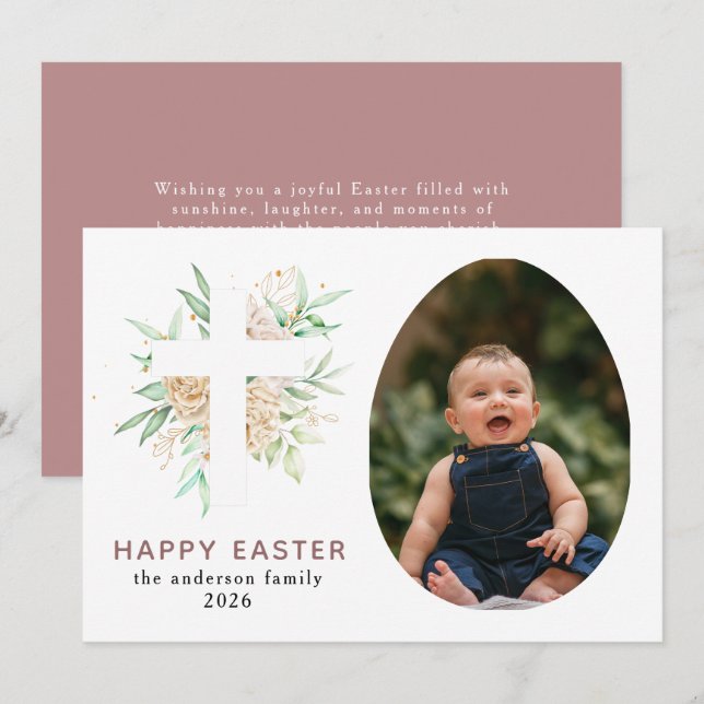 Elegant Modern Floral and Cross Happy Easter Photo Holiday Card (Front/Back)