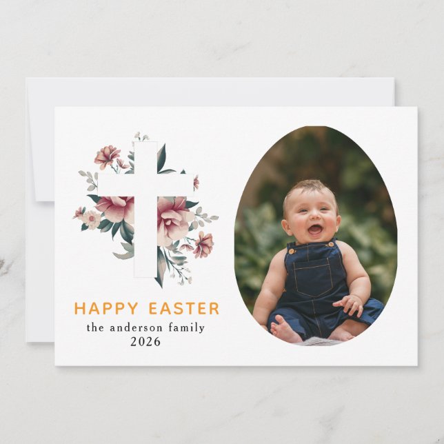 Elegant Modern Floral and Cross Happy Easter Photo Holiday Card (Front)