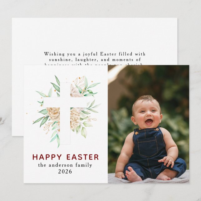 Elegant Modern Floral and Cross Happy Easter Photo Holiday Card (Front/Back)