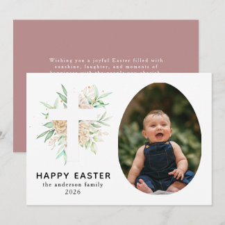 Elegant Modern Floral and Cross Happy Easter Photo Holiday Card