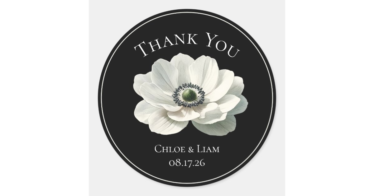 Elegant Modern Floral Black & White Wedding Classic Round Sticker | Zazzle