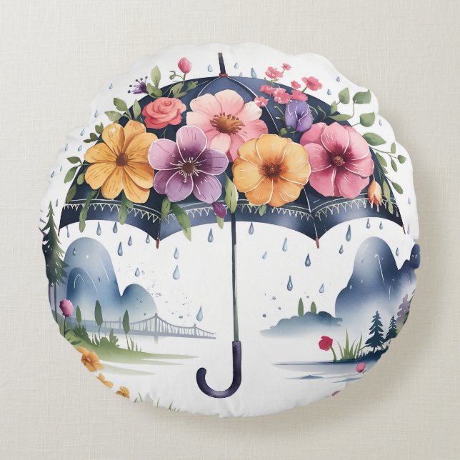 Elegant, Modern Floral Bloom Umbrella  Round Pillow (Front)