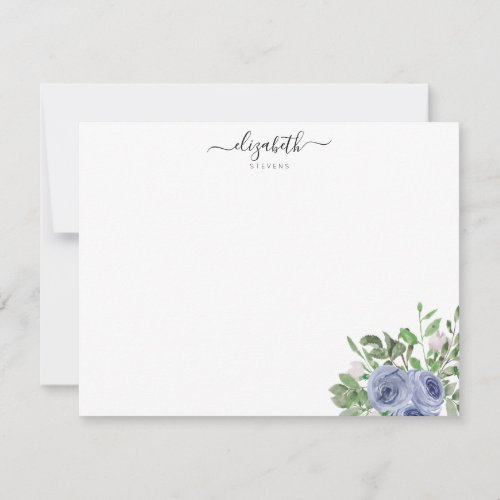 Elegant Modern Floral Blue Watercolor Rose Script Note Card