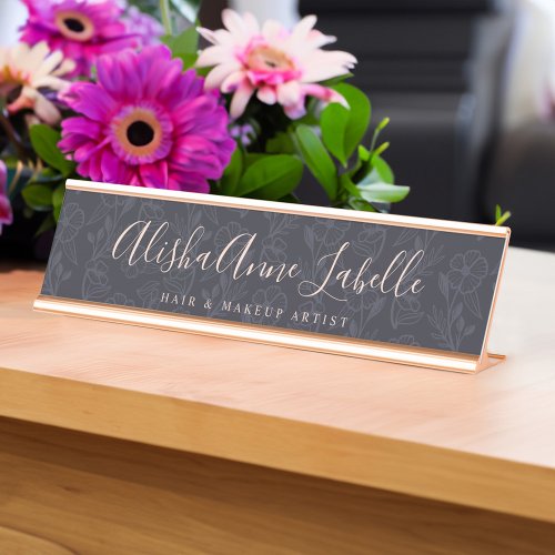 Elegant  Modern Floral Blush Black Pattern Desk Name Plate