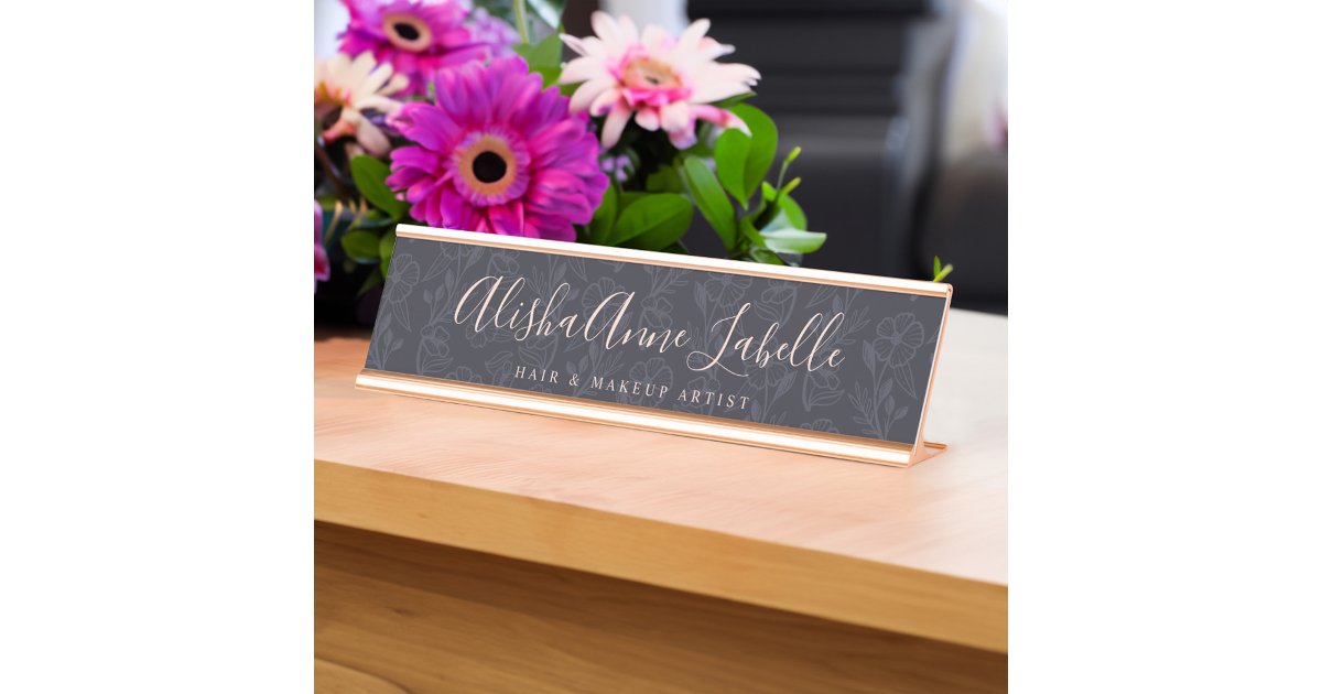 Elegant & Modern Floral Blush Black Pattern Desk Name Plate | Zazzle