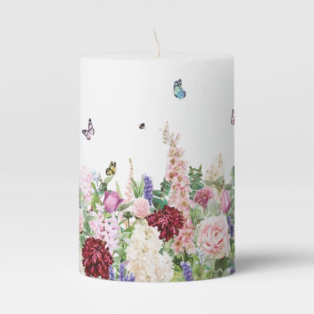 Elegant Modern Floral & Butterflies Pillar Candle (Front)