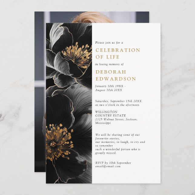 Elegant Modern Floral Celebration Of Life Photo Invitation (Front/Back)