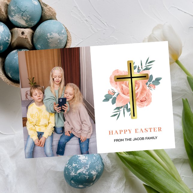 elegant modern Floral Cross Easter family photo Holiday Card (Creator Uploaded)