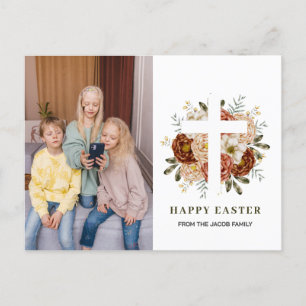 elegant modern Floral Cross Easter family photo Holiday Postcard
