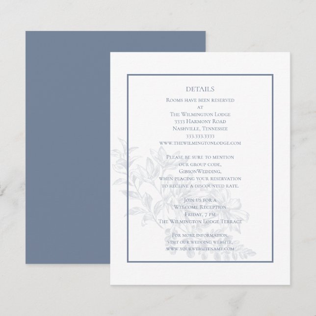 Elegant Modern Floral Dusty Blue Wedding Details Enclosure Card (Front/Back)