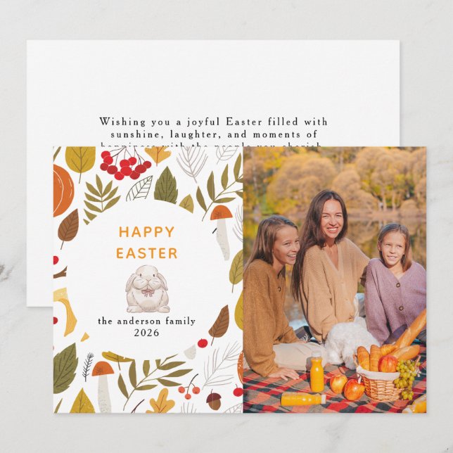 Elegant Modern Floral & Eggs Happy Easter Photo Holiday Card (Front/Back)