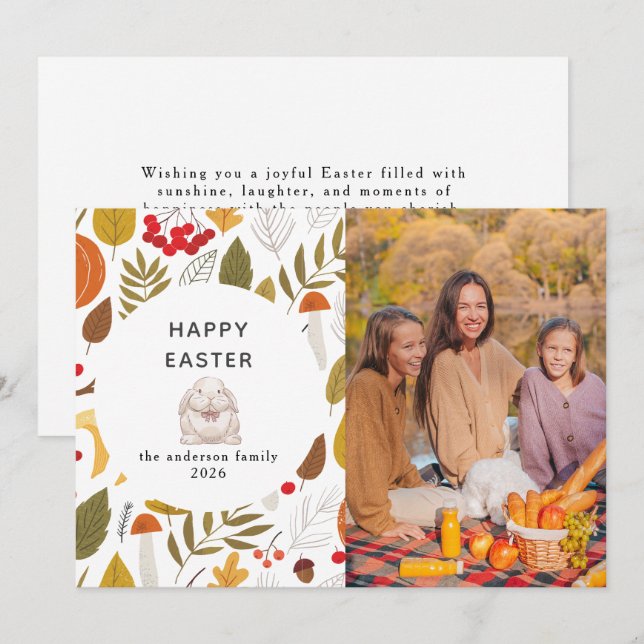 Elegant Modern Floral & Eggs Happy Easter Photo Holiday Card (Front/Back)