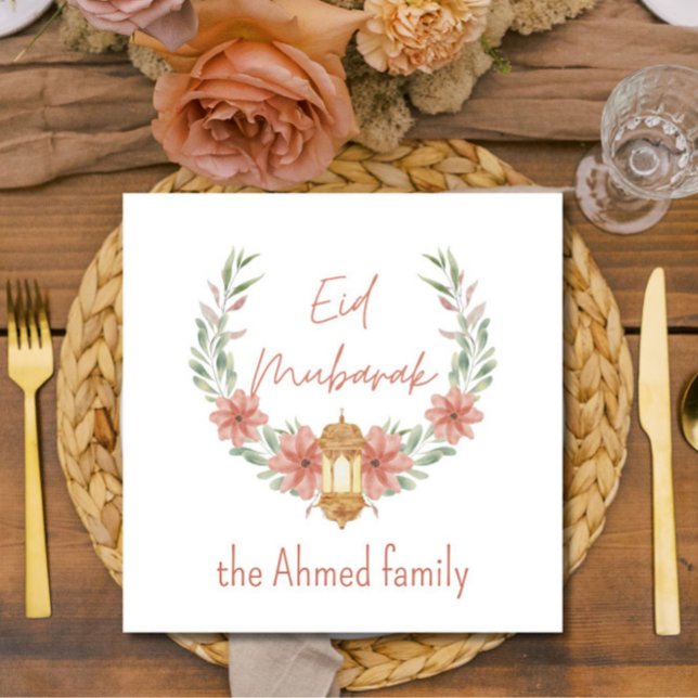 Elegant Modern Floral Eid Mubarak Name Pink White Napkins (Add these elegant, modern, floral wreath "Eid Mubarak" paper napkins to your holiday entertaining!)