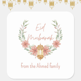 Elegant Modern Floral Eid Mubarak Name Pink White Square Sticker