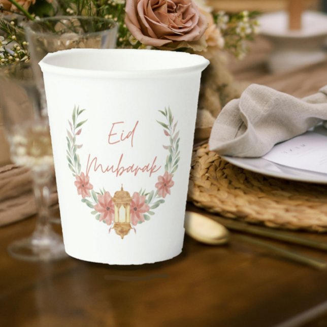 Elegant Modern Floral Eid Mubarak Pink White Paper Cups (Add modern elegance to your Eid entertaining with these pink + white floral wreath + lantern cups!)