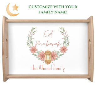 Elegant Modern Floral Eid Mubarak Pink White Serving Tray