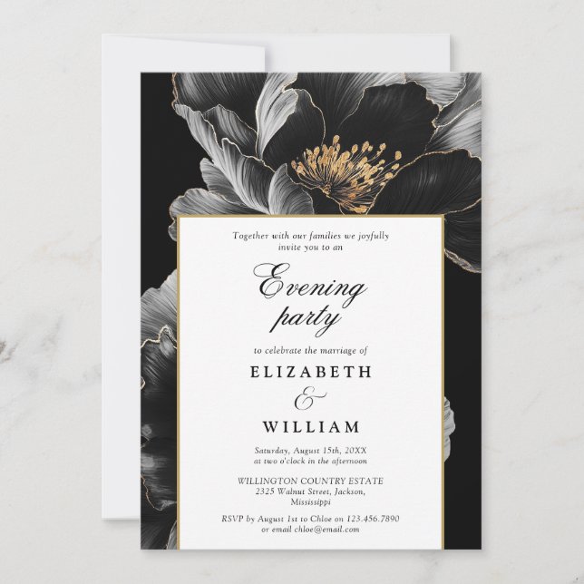 Elegant Modern Floral Evening Party Wedding Invitation (Front)