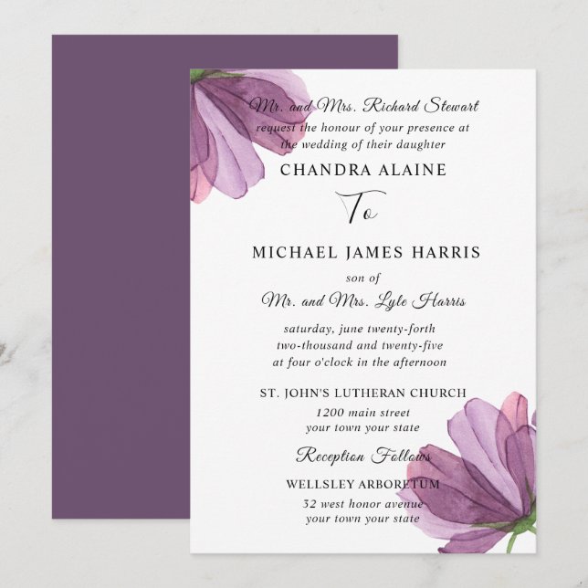 Elegant Modern Floral Formal Wedding Invitation (Front/Back)