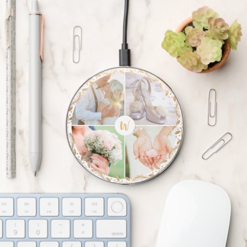 Elegant modern floral frame monogram photo collage wireless charger 