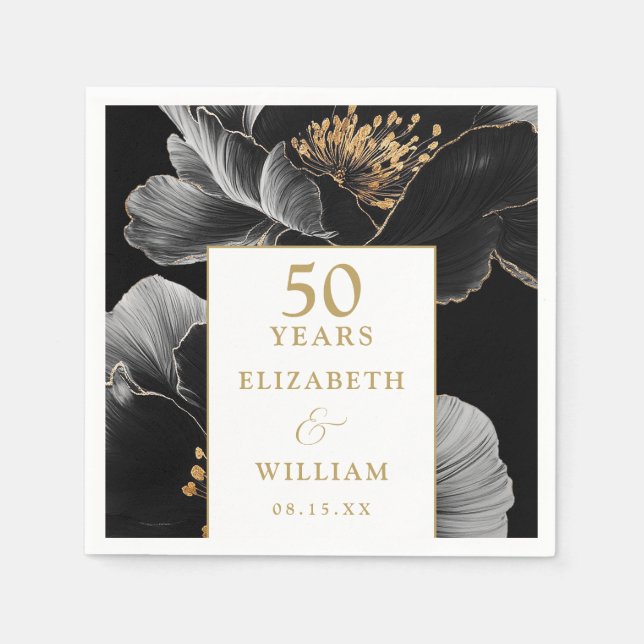 Elegant Modern Floral Gold 50th Anniversary Napkins (Front)
