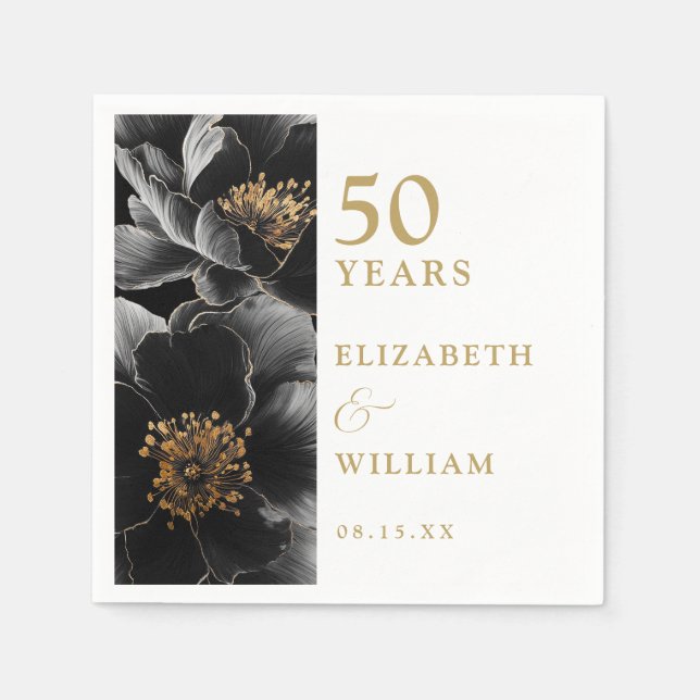 Elegant Modern Floral Gold 50th Anniversary Napkins (Front)