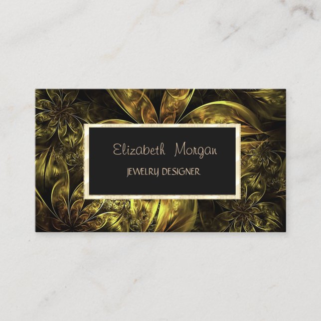 Elegant Modern Floral, Gold Frame Jewelry Designer Business Card (Front)