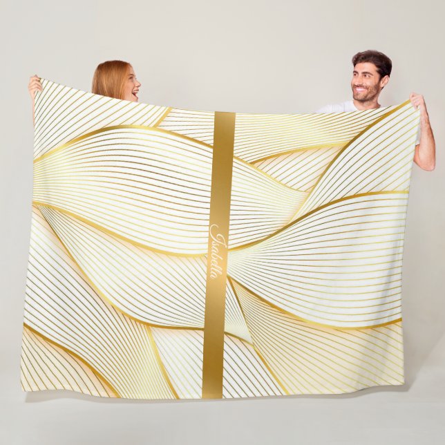Elegant Modern Floral Gold White Line Collection Fleece Blanket (In Situ)