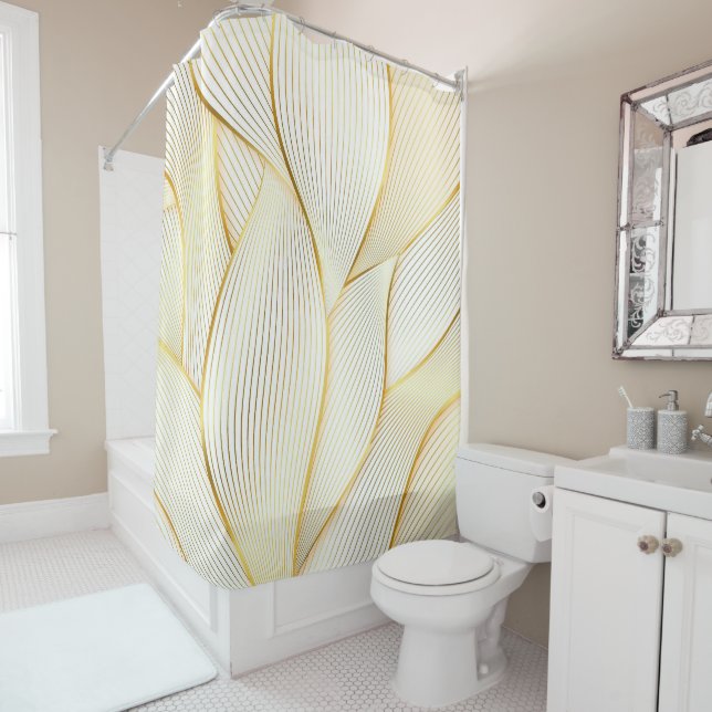 Elegant Modern Floral Gold White Line Collection Shower Curtain (In Situ)