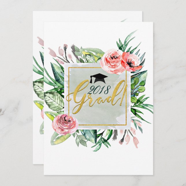 Elegant Modern Floral Graduation Grad Invitations (Front/Back)