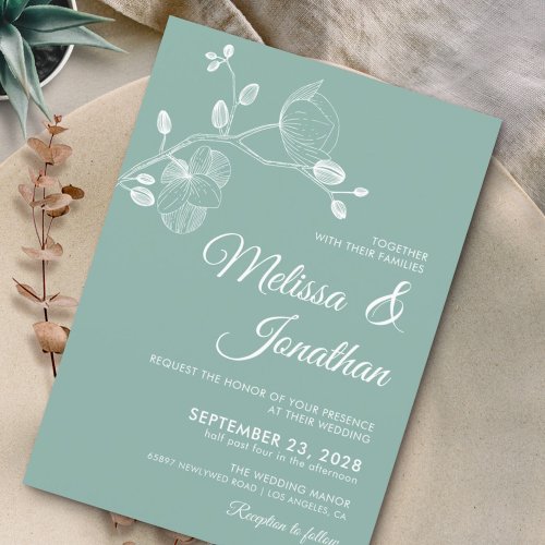 Elegant modern floral green white orchids wedding invitation