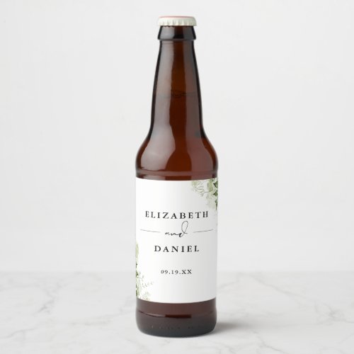 Elegant Modern Floral Greenery Wedding Beer Bottle Label