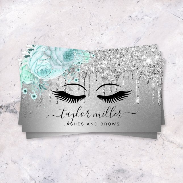 Elegant modern floral mint green silver eyelashes  business card (Creator Uploaded)