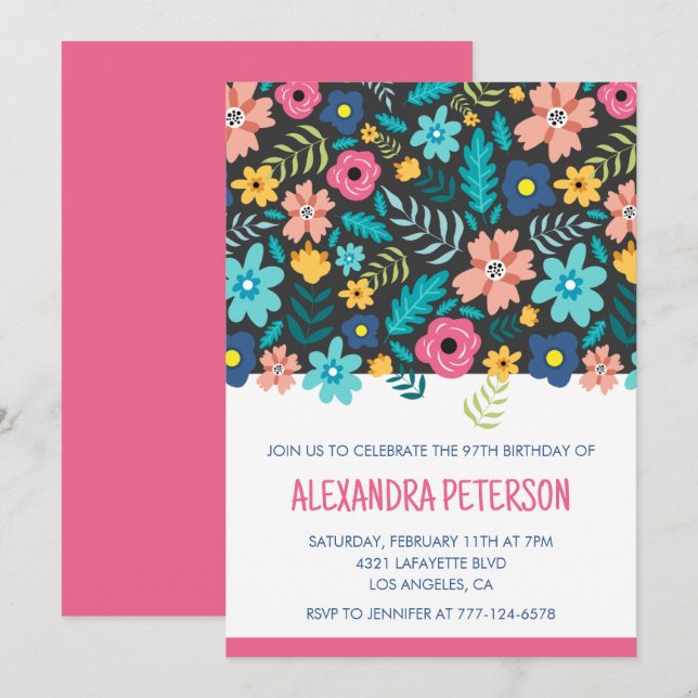Elegant Modern Floral Pattern 97th birthday Invitation (Front/Back)
