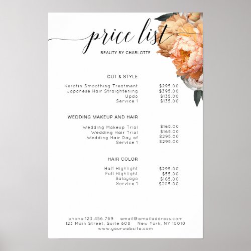 Elegant Modern Floral Peony price list Poster