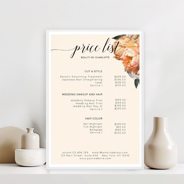 Elegant, Modern, Floral Peony Price List  Poster (Elegant, Modern, Floral Peony Price List )