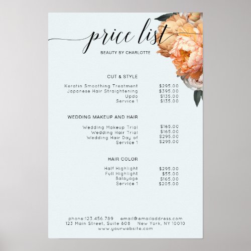 Elegant Modern Floral Peony price list   Poster