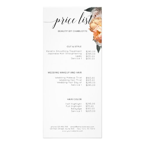 Elegant Modern Floral Peony price list Rack Card