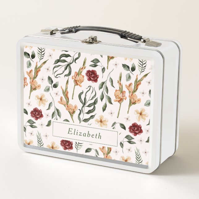Elegant Modern Floral Personalized Metal Lunch Box (Front)