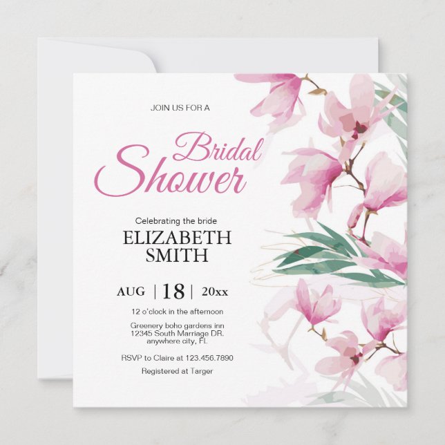 Elegant Modern Floral Pink Greenery Bridal Shower Invitation (Front)