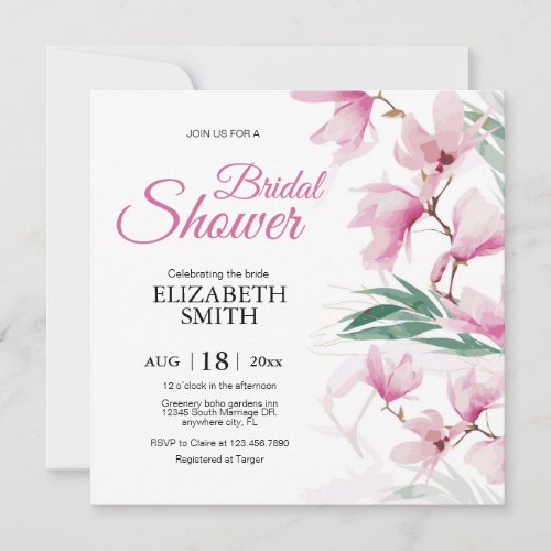 Elegant Modern Floral Pink Greenery Bridal Shower Invitation