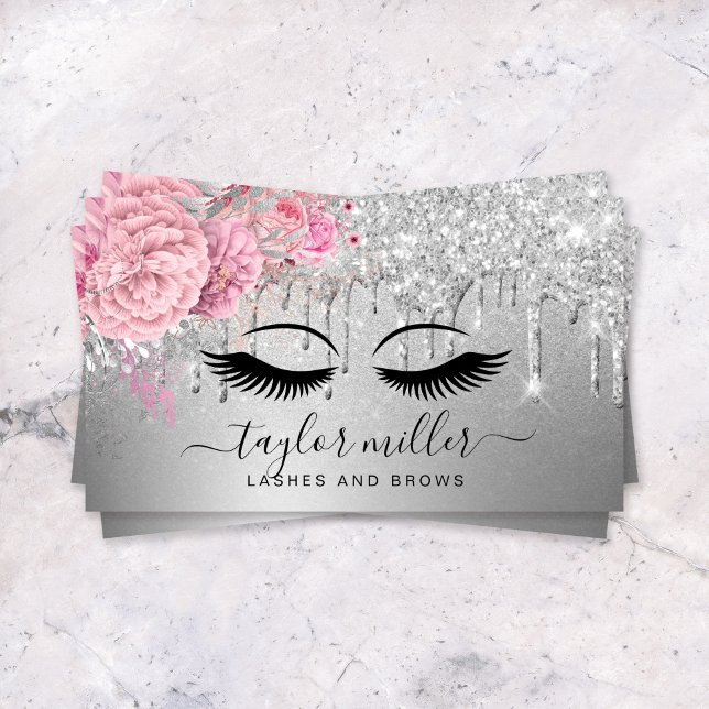 Elegant modern floral pink silver eyelashes  business card (Creator Uploaded)