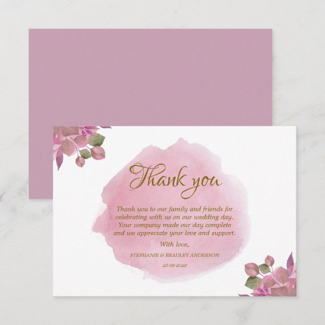 Elegant Modern Floral Pink Wedding Thank You Card (Front/Back)
