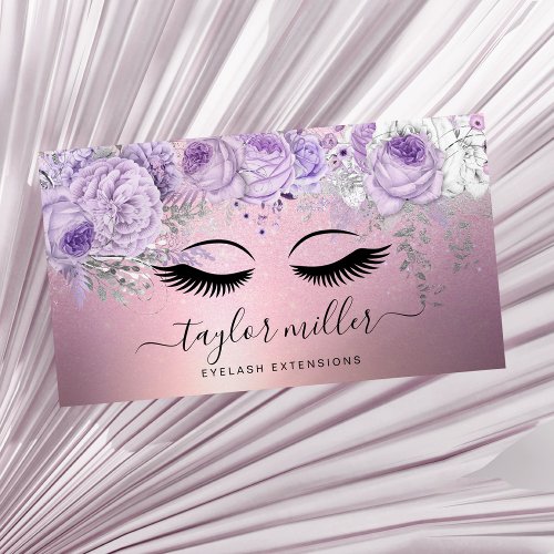 Elegant modern floral purple glitter eyelashes  business card