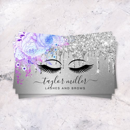 Elegant modern floral purple silver eyelashes business card