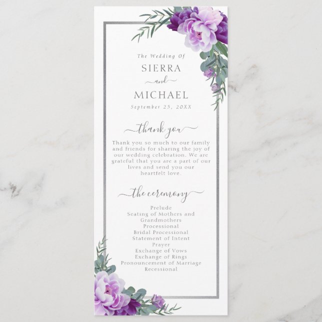 Elegant Modern Floral Purple & Silver Wedding Program (Front)
