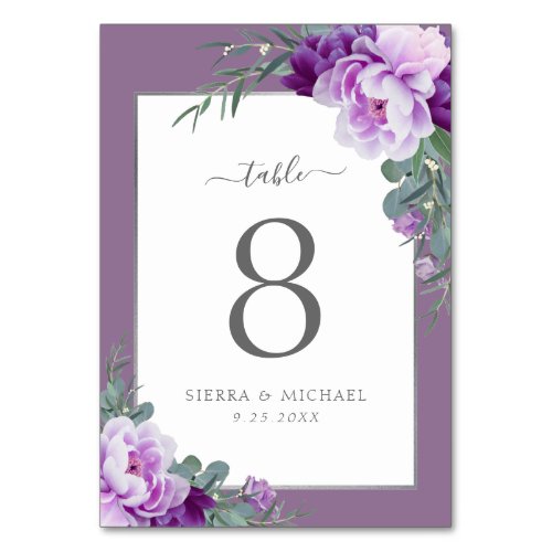 Elegant Modern Floral Purple  Silver Wedding Table Number