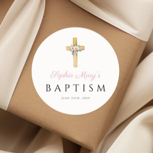 Elegant Modern Floral Religious Cross Baptism Classic Round Sticker