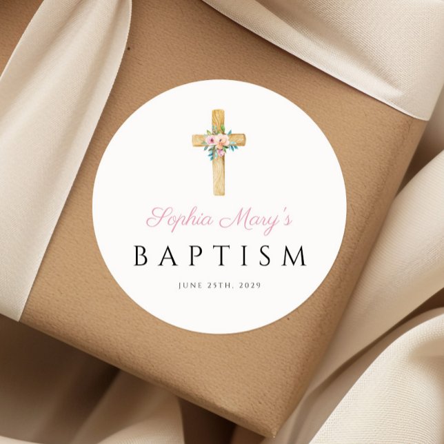 Elegant Modern Floral Religious Cross Baptism Classic Round Sticker (Elegant Modern Floral Religious Cross Baptism Classic Round Sticker)