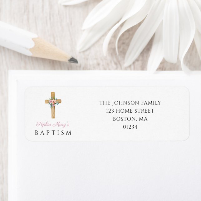 Elegant Modern Floral Religious Cross Baptism Label (Insitu)