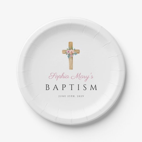 Elegant Modern Floral Religious Cross Baptism Paper Plates